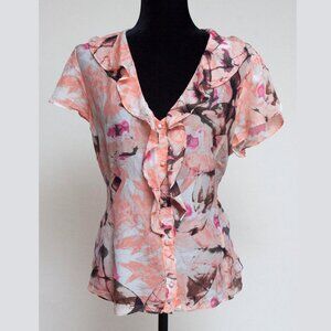 Banana Republic Silk/Cotton Floral Motif - Covered Buttons Flounce Sleeve Top XL